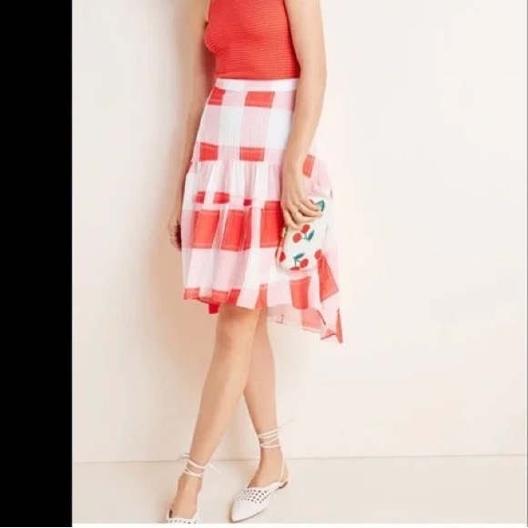 NWT Anthropologie Flounced Hem High Low Skirt Red Midi Skirt, Size Large - Picture 1 of 11